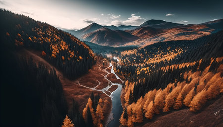 Beautiful autumn landscape in the mountains. Mountain river in the valley.の素材