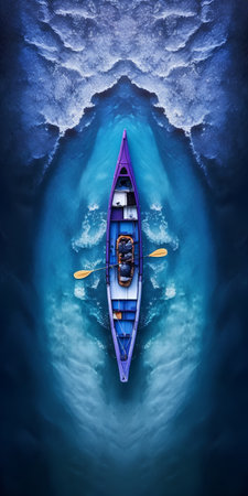 Fishing boat in deep blue ocean. 3d render illustration.の素材