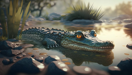 Crocodile in the pond. 3D render illustration.の素材