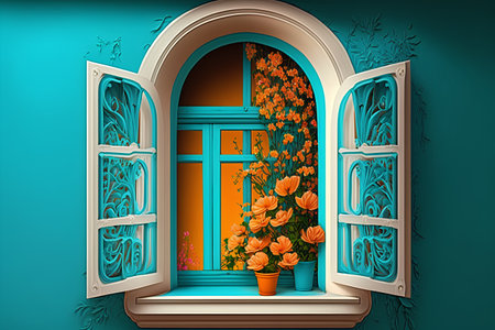 Vintage window with flowers on the blue wall. Vector illustration.の素材