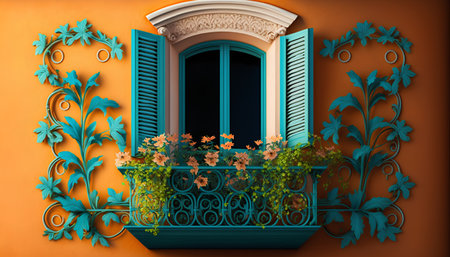 3d render of window with flower pot on orange wall background.の素材