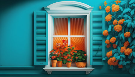 Window with flowers in pot on blue wall. 3D rendering.の素材