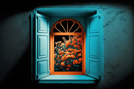 Blue window with orange flowers in the dark room. 3d renderingの素材