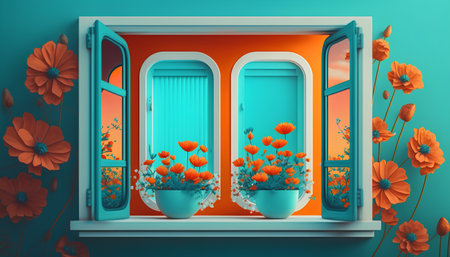 Flowers in pots on the window, 3d rendering. Computer digital drawing.の素材
