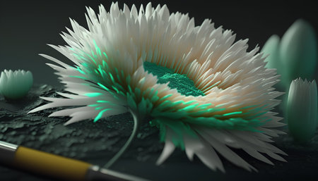 3d illustration of white flower with green leaves and a paint brushの素材