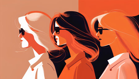 Vector illustration of a group of young women in sunglasses on an orange backgroundの素材