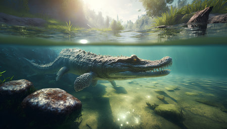 Crocodile swimming in the water. 3d rendering.の素材