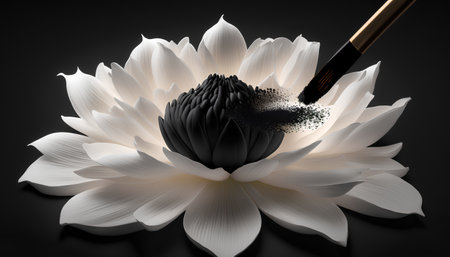 White lotus flower on black background. 3d render illustration.の素材