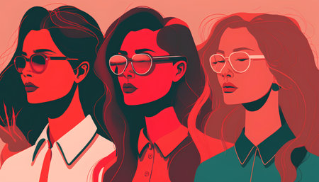 Group of beautiful young women with glasses. Vector illustration in flat style.の素材