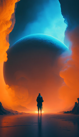 Man standing in front of the planet. 3D render illustration.の素材