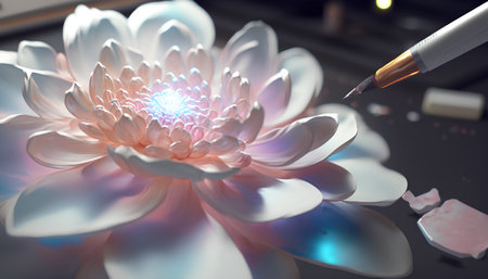 Close-up of a white chrysanthemum and a pencilの素材