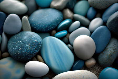 Colorful pebbles background with copy space. Blue and white stones.の素材