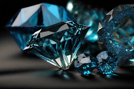 Blue diamonds on a black background. 3D illustration. Macro.の素材