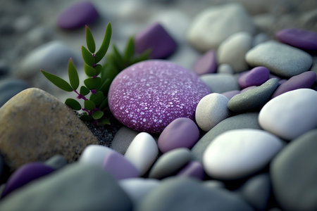 Colorful pebbles and green plant on the seashoreの素材