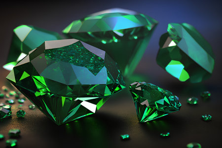 3d rendering of a group of emeralds on a dark backgroundの素材