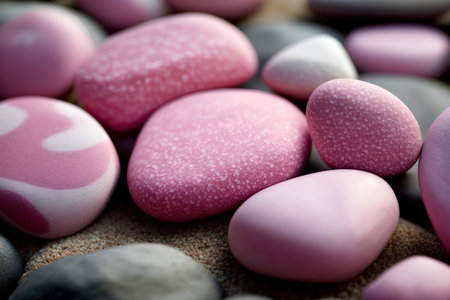 pink and white zen stones on the beach, closeupの素材