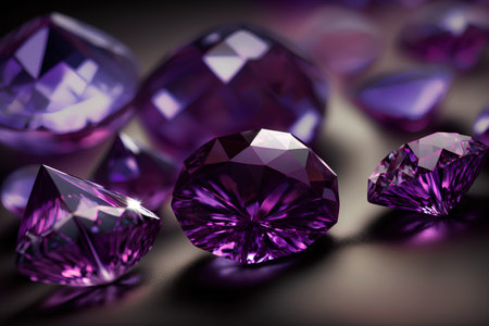 Group of purple diamonds on a dark background. 3d illustration.の素材