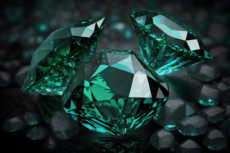 3d rendering of a group of emeralds on black backgroundの素材