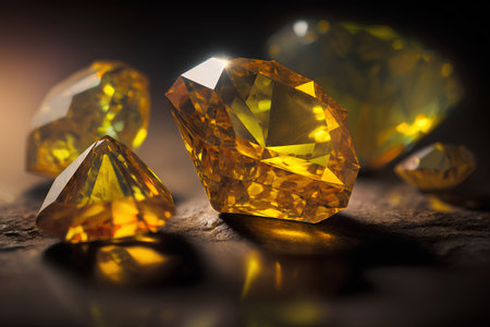 Yellow diamonds on a dark background. Jewelry background. Macro.の素材