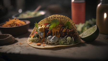 Mexican tacos with meat and vegetables on a table in a restaurantの素材