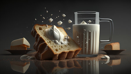 Milk and bread on a black background. 3d rendering.の素材