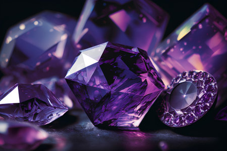 Purple crystals on a black background. 3d rendering, 3d illustration.の素材
