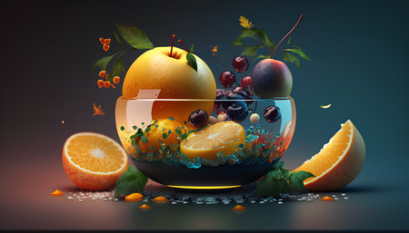 Fruit in a glass bowl on a dark background. 3d renderingの素材