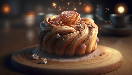 Delicious cake with burning candles on wooden table, close-upの素材