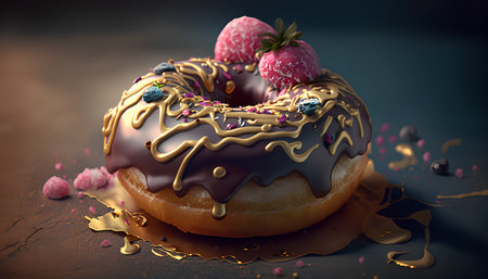 Donut with chocolate glaze and fresh berries on a dark backgroundの素材