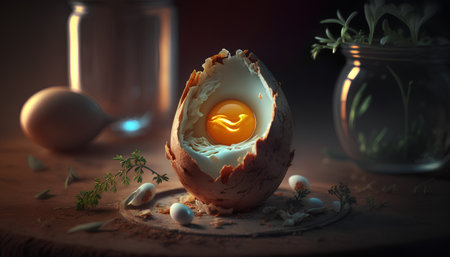 Broken egg with a candle inside on a wooden background. 3d renderingの素材
