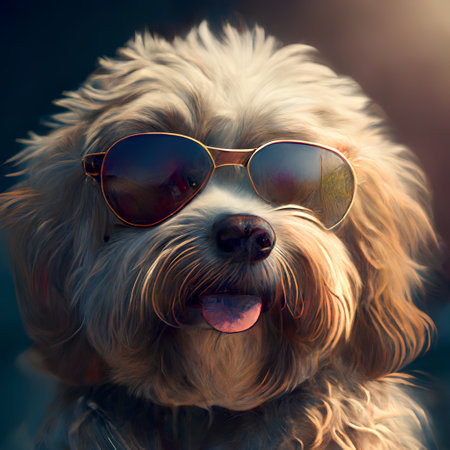 Portrait of a dog with sunglasses on the background of the sunsetの素材