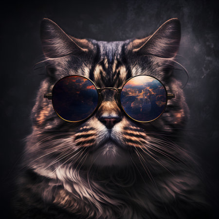 Portrait of a tabby cat with sunglasses on dark background.の素材