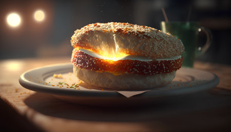 Bagel with butter and jam on a plate in the darkの素材