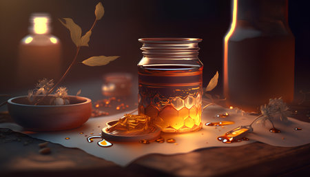 Honey in a glass jar on a wooden table. 3d renderingの素材