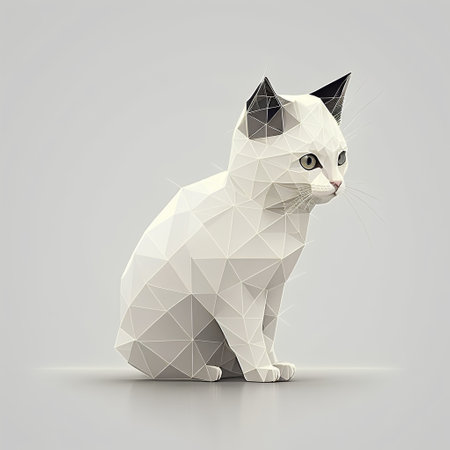 Low poly white cat isolated on gray background. 3D rendering.の素材