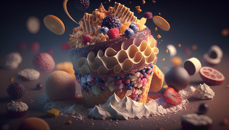 Birthday cake with whipped cream, candies and fruits. 3d renderingの素材
