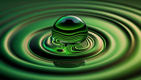 drop of water on a green background with waves and ripples.の素材