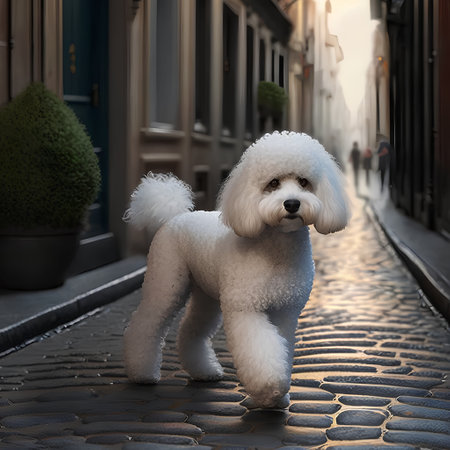Poodle dog walking in the street at sunset,3d renderingの素材