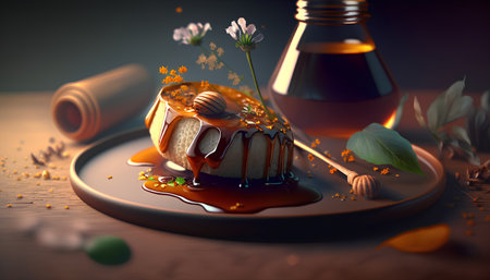 Caramel and honey on a dark background. 3d rendering.の素材