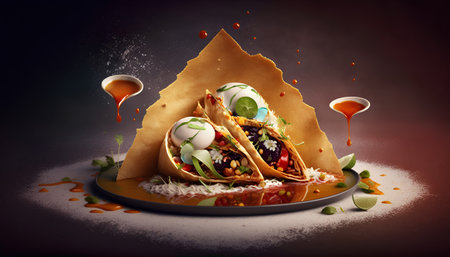 Pancakes with meat and vegetables on a dark background. 3d renderingの素材