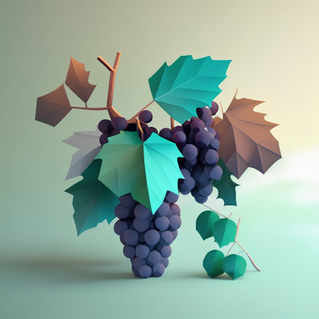Grapes with leaves on a blue background. 3d renderの素材