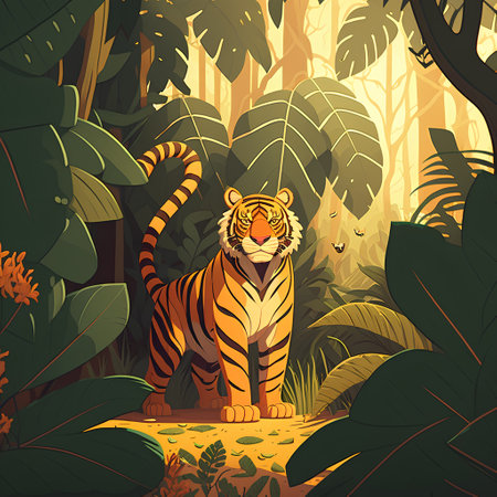 Tiger in jungle vector illustration. Wild animal in tropical forest.の素材