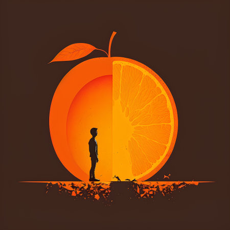 Vector illustration of an orange with a silhouette of a girl on a dark backgroundの素材