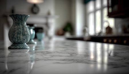 Close up of ceramic vase on white marble table in modern kitchenの素材