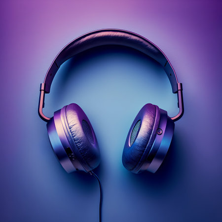 Headphones on purple background. Music concept. Flat lay, top view.の素材