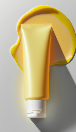 Yellow tube with cream on a gray background. 3d rendering.の素材