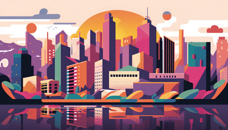 City landscape with skyscrapers and river at sunset. Vector illustrationの素材