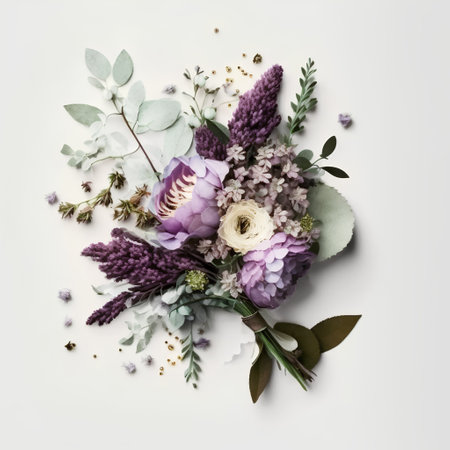 Beautiful bouquet of purple flowers on white background. Flat lay, top viewの素材