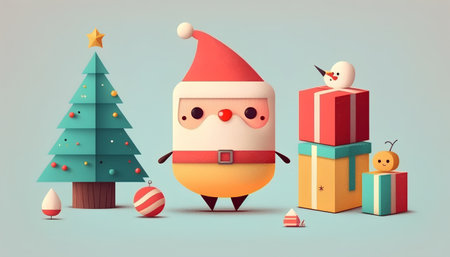 Santa Claus with Christmas tree and gift boxes. 3d illustration.の素材