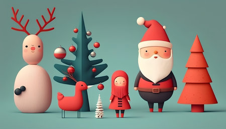 Merry Christmas and Happy New Year with Santa Claus, Reindeer and Snowmanの素材